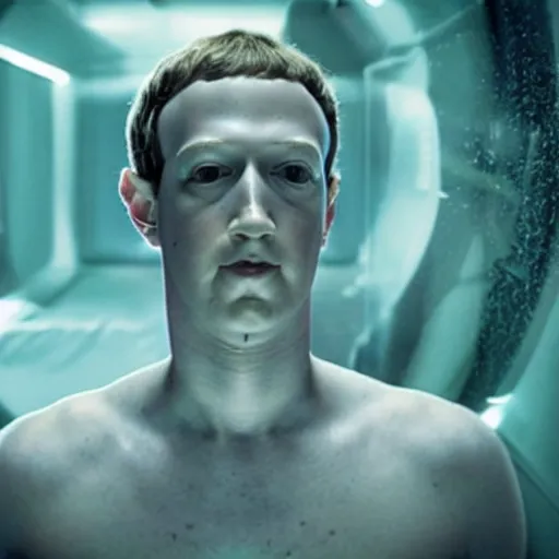 Image similar to mark zuckerberg awakening from his alien cryogenic chamber with slimy feeding tubes attached. inside a room with futuristic touchscreen medical equipment. Surrounded by skinny translucent aliens. Photograph from science fiction movie.