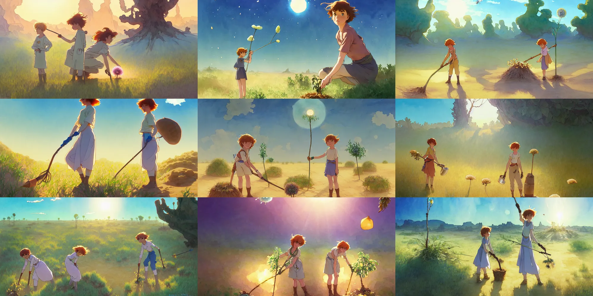 Prompt: a wholesome animation key shot of nausicaa planting trees alone in the desert, studio ghibli, pixar and disney animation, sharp, disney concept art watercolor illustration by mandy jurgens and alphonse mucha and alena aenami, pastel color palette, dandelion seed, bloom, dramatic lighting