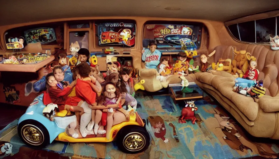 Prompt: 1990s photo of inside the Garfield's Wild Dream ride at Universal Studios in Orlando, Florida, children riding a box with a blanket, with Garfield the cartoon cat, through Jon's living room filled lasagna, coffee cups, and a big lava lamp, cinematic, UHD