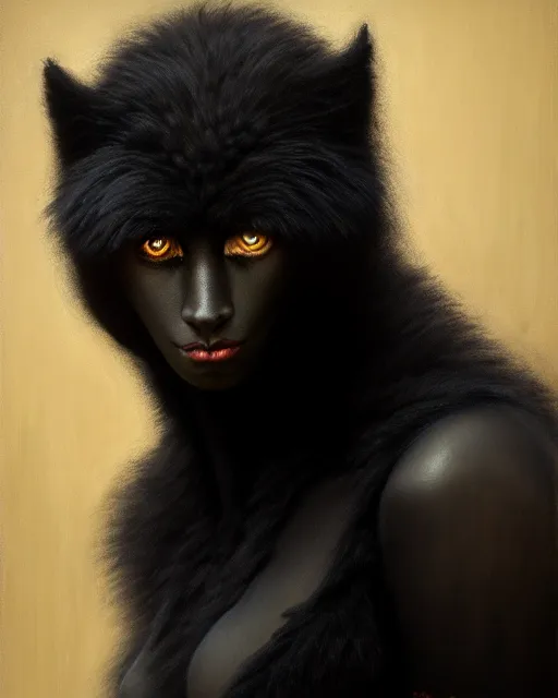 Image similar to a portrait of black furry shadow nightmare monster hybrid human in a background of deep shadows, illustration, dramatic lighting, soft details, painting oil on canvas, art nouveau, octane render, HDR, 4k, 8k, HD, by Edmund Blair Leighton, Brom, Charlie Bowater, trending on artstation, Tom Bagshaw, faces by otto Schmidt