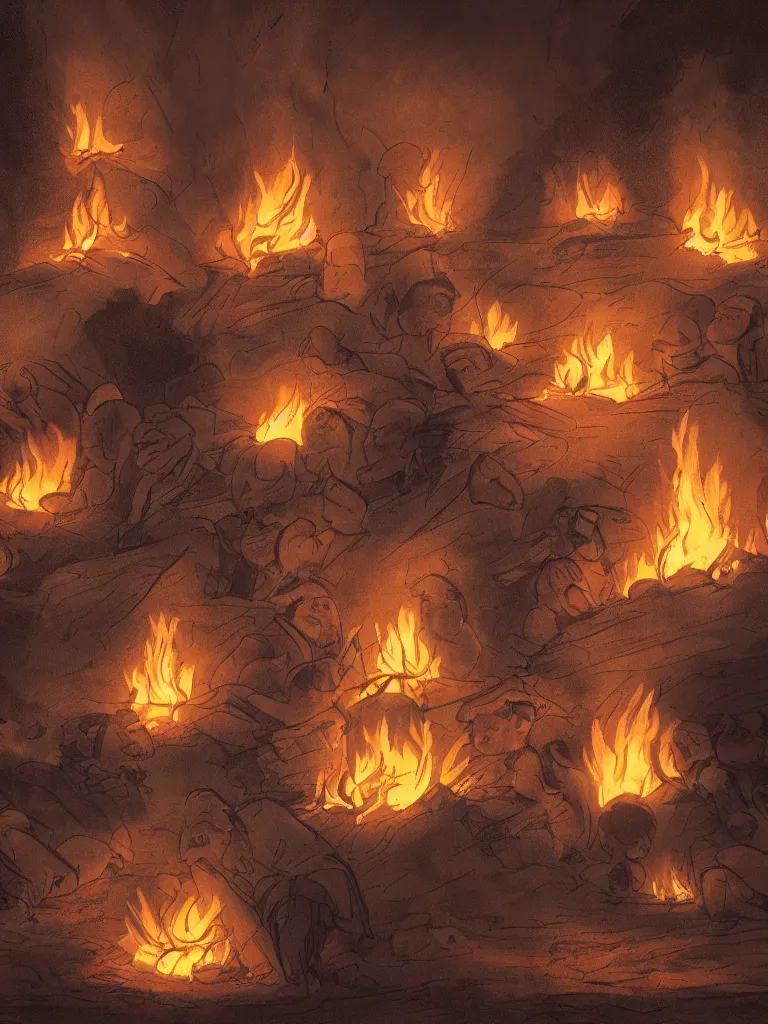 Prompt: camp fire lit faces by disney concept artists, blunt borders, rule of thirds