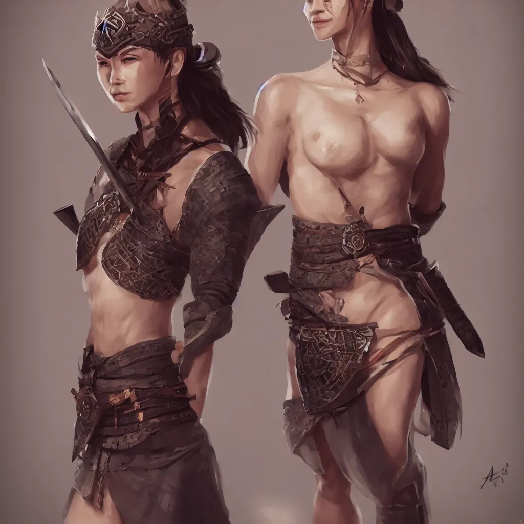 Image similar to full body portrait, thin but strong viking samurai woman, open shirt, 6 pack, symmetrical beautiful face, relaxed pose, trending on artstation, high resolution, detaild, smooth, dynamic composition, dramatic lighting, trending on artstation, award winning art, sharp focus