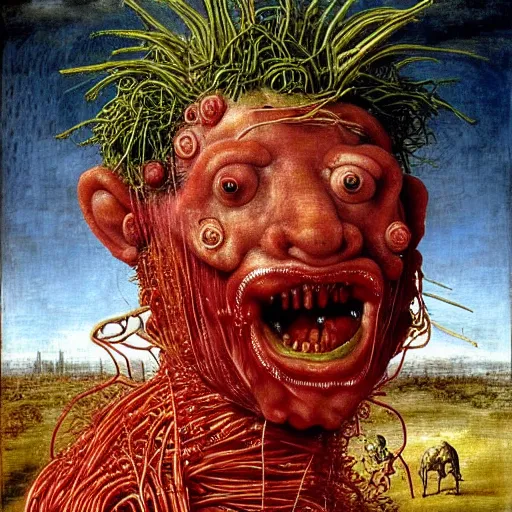 Image similar to a boy made of spaghetti and tomato sauce riding on a giant rhino, looking straight into camera, screaming in pain, by giuseppe arcimboldo and ambrosius benson, renaissance, fruit, intricate and intense oil paint, a touch of beksinski and hr giger and edward munch, realistic