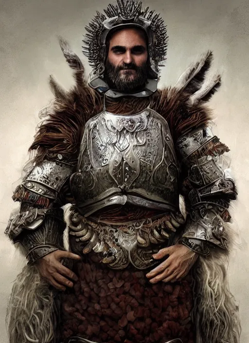 Image similar to digital painting of joaquin phoenix wearing armor made of animals, cow horns, pig nose, sheep wool, chicken feather armor, majestic, by anna podedworna and miklos ligeti, diego maricato, taran fiddler, antonino truisi, chris reddie, jinsung lim, on artstation