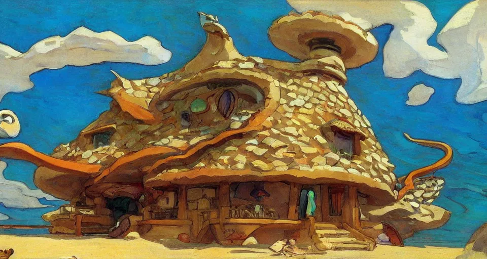 Prompt: house made of seashells, by moebius, joaquin sorolla, in the style of zelda windwaker