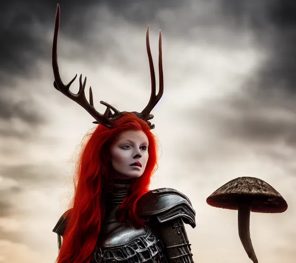 Prompt: a portrait photo of an armored woman warrior redhead with antlers sitting on the edge of a giant red cap mushroom that covers a whole town and reaches above the clouds by luis royo. intricate. lifelike. soft light. sony a 7 r iv 5 5 mm. cinematic post - processing