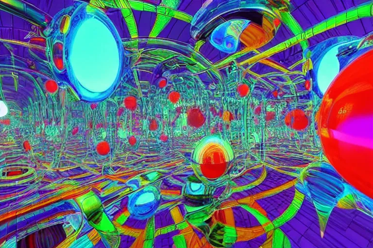 Prompt: vibrant colors several glass spheres suspended midair alternative reality mirror highly detailed 3d rendering from 1996 trippy dmt cyberpunk wallpaper