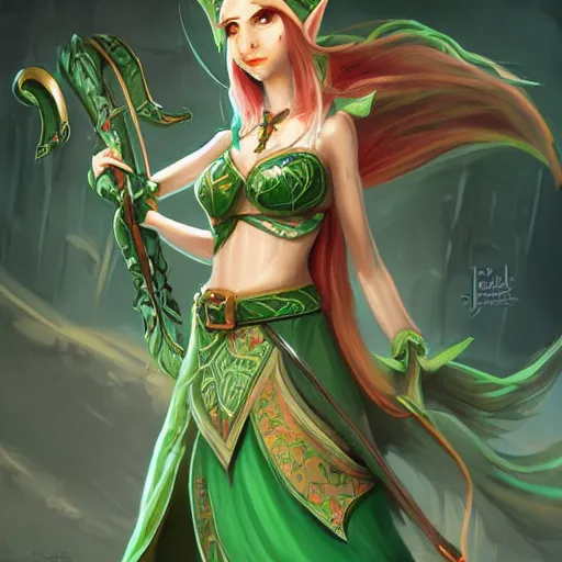 Image similar to female elf bard, Jade, dungeons and dragons, amazing detail, character concept art, illustration, fantasy, epic, 4k