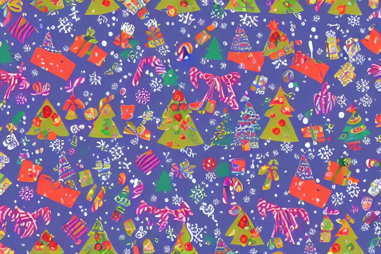 Image similar to a wrapping paper pattern with psychedelic christmas trees print, illustration