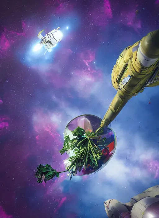 Image similar to An epic fantastic realism comic book style painting of the most beautiful flowers launched into space, bouquets, fisheye lens, unreal 5, DAZ, hyperrealistic, stars in the night sky, octane render, dynamic lighting