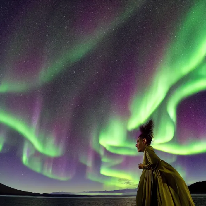 Prompt: closeup portrait of a woman wrapped in iridescent foil, standing in stewart island in new zealand, aurora australis southern lights in background, color photograph, by vincent desiderio, canon eos c 3 0 0, ƒ 1. 8, 3 5 mm, 8 k, medium - format print