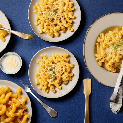 Prompt: high end food plating for Kraft Macaroni and Cheese. Michelin five star restaurant, food blog