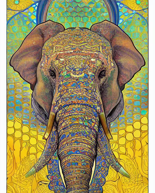 Prompt: Elephant head art surrounded by varities of pineapple, cell shading, voronoi, fibonacci sequence, sacred geometry by Alphonse Mucha, Moebius, hiroshi yoshida, Art Nouveau, colorful, ultradetailed, vivid colour, 3d