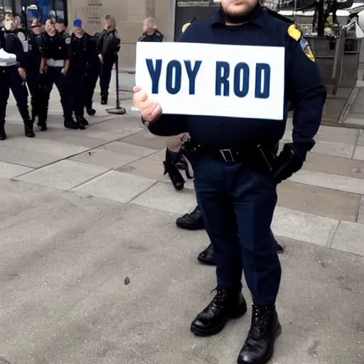 Prompt: clean - shaven chubby chubby chubby 3 2 year old caucasian man from uk. he is wearing navy police sweater and necktie and black boots and police helmet. he is holding a sign that reads'say no to police brutality.'