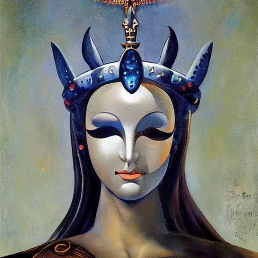 Prompt: Artemixel, the modern reincarnation of the old selenium god of hunt and moon, also known as Artemis the Selene, carrying the celebrated Crown of the Crescent Moon, wich its usual bright and slightly bluish crescent like the brightness of the night. Portrait by Frank Frazetta, oil on canvas