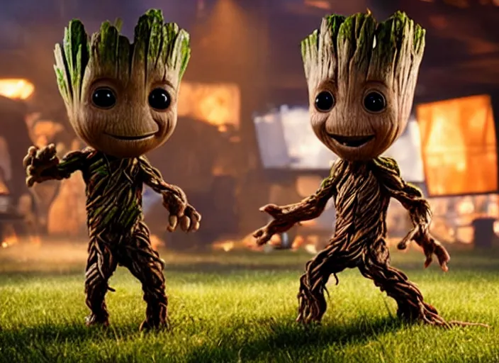 Prompt: film still of young groot having a dance party with a chicken in the new avengers movie, 4 k,