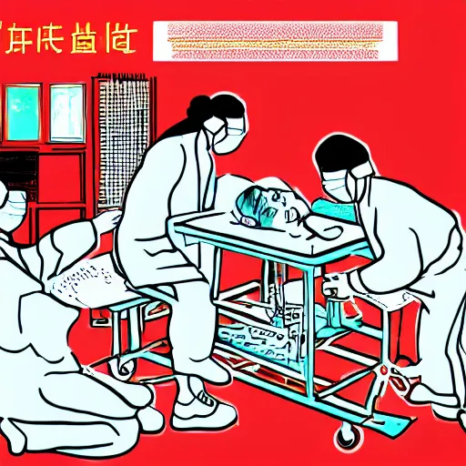 Image similar to chinese surgeons operating on a body on an operating table, in the style of daniel johnston and outsider art, 8k, line brush, minimal, overlaid with chinese adverts