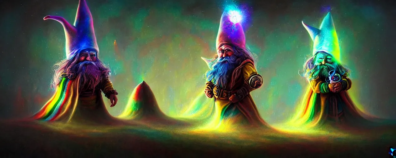 Image similar to whimsical bifrost alchemical gnomes, surreal dark uncanny painting by ronny khalil