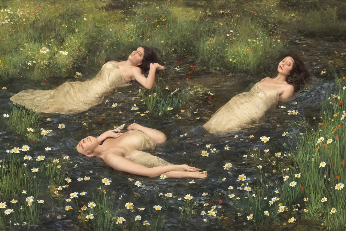 Prompt: Beautiful woman lying horizontal in a dark water stream. Flowers in hand. Golden brown dress, light dark long hair. Apathetic, pale, dead but beautiful. Poppies, daisies, pansies. Most accurate and elaborate studies of nature ever made. The background Hogsmill river in Surrey, rich Forest, dark, wood, bushes. Naturalistic strong green colors. Painting by John Everett Millais.