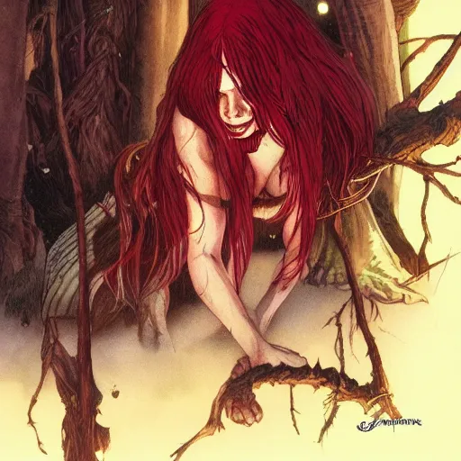 Image similar to a beautiful comic book illustration of a vamapire woman with long red hair in the forest at night by Jerome Opeña, featured on artstation