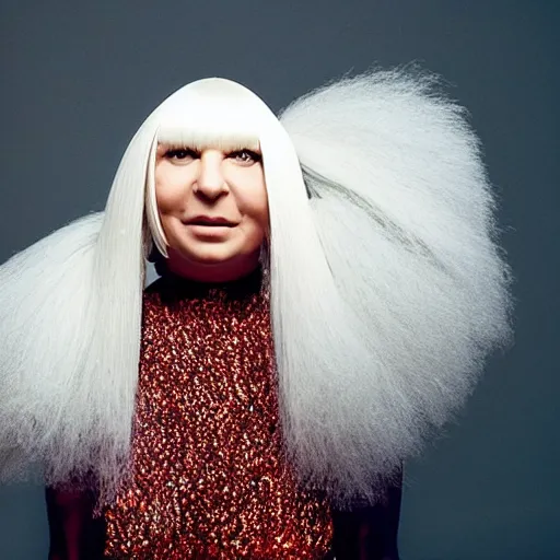 Image similar to Sia furler photoshoot wearing a dress full body puffy wig