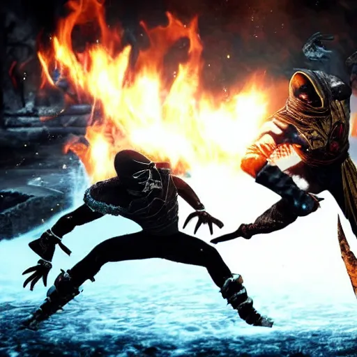 Prompt: Scorpion fighting against Sub Zero, mortal kombat, photorealistic