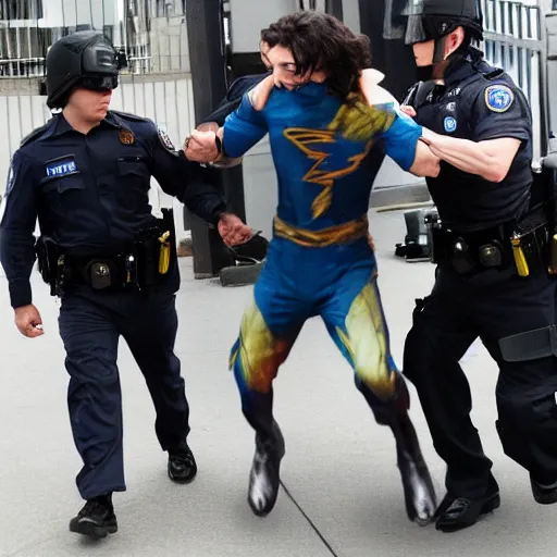 Image similar to ultra realistic photograph of angry Ezra Miller wearing flash costume being arrested by FBI outside Warner Bros Studio, 4K