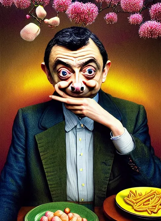 Image similar to hyper detailed 3d render like a Oil painting muted colors - slightly silly portrait of Rowan Atkinson crosseyed as Mr. Bean in Aurora seen Eating of the Strangling network of yellowcake aerochrome and milky Fruit and Her delicate Hands hold of gossamer polyp blossoms bring iridescent fungal flowers whose spores black the foolish stars by Jacek Yerka, Mariusz Lewandowski, Houdini algorithmic generative render, Abstract brush strokes, Masterpiece, Edward Hopper and James Gilleard, Zdzislaw Beksinski, Nicoletta Ceccoli, Wolfgang Lettl, hints of Yayoi Kasuma, octane render, 8k