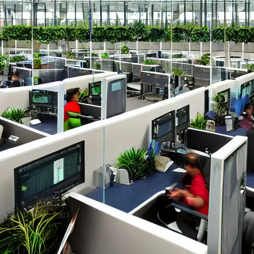 Prompt: a jungle filled with cubicle office workers, twilight,