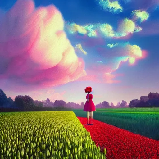 Image similar to large tulip face, girl standing in a flower field, surreal photography, sunrise dramatic light, impressionist painting, colorful clouds, digital painting, artstation, simon stalenhag