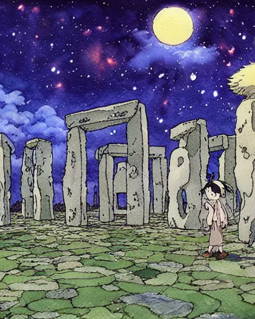 Image similar to a hyperrealist studio ghibli watercolor fantasy concept art. in the foreground is a giant grey octopus building and putting stones in to place on top of stonehenge with a starry sky. by rebecca guay, michael kaluta, charles vess