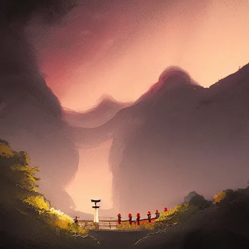 Image similar to Japanese Torii in a moutain ,night , by Grzegorz Rutkowski, concept art