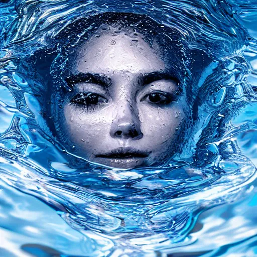 Image similar to water artwork manipulation in the shape of a human head, on the ocean water, ray tracing, realistic water sharp focus, long shot, 8 k resolution, cinematic, amazing water art, photoshop