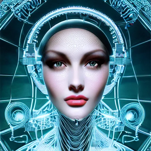 Image similar to very seductive woman integrating with technology, full face, insipiring, detailed intricate ornate cables connected to head, big open electric eyes, luxurious detailed abundent wiring and implants, diamonds, sci-fi, neon, emeralds, detailed technology full background, highly detailed, artstation, Rene Lalique and Eddie Mendoza and Gil Elvgren