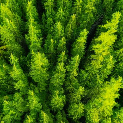 Image similar to a view from the sky of a thick forest with varying tree types, green, painted, high resolution