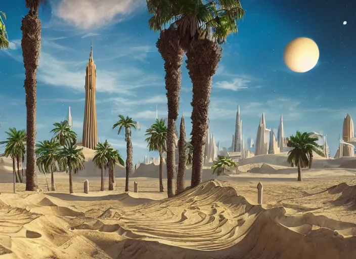 Prompt: cover concept art of the lost sand city, levitating sand, ground view, golden towers, golden pillars, palm trees, space and time, floating objects, post-processing, in the style of Hugh Ferriss, Behance, Artgerm. High detail, ultra realistic render, octane, 3D, photorealism, symmetric, cinematic