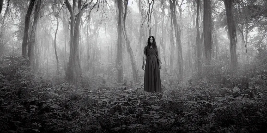 Prompt: A transcendal being having a ritual in a mysterious and lush overgrown forest, dark fantasy, wide shot, black and white