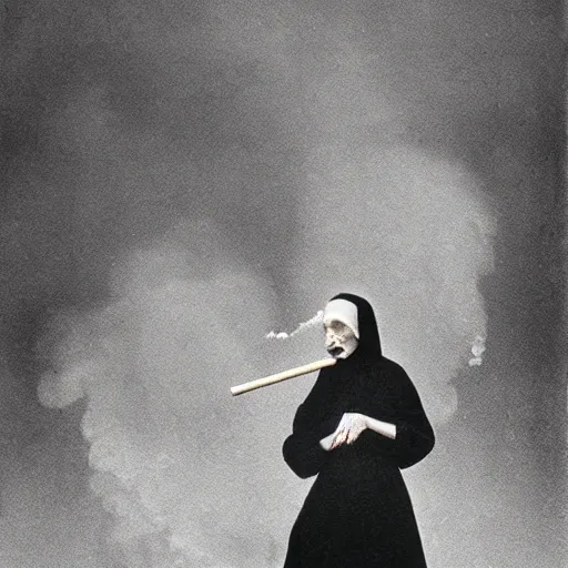 Prompt: a nun smoking a joint and puffing lots of smoke, her face is shadowed, minimalistic background, by Beksinski