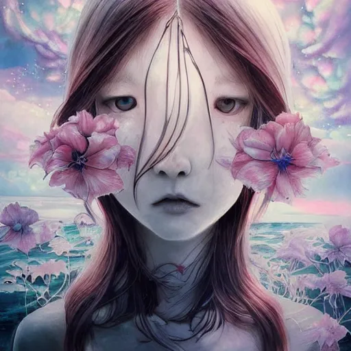 Image similar to 💀👨‍🚀 Portrait by Miho Hirano, Ross Tran and Ilya Kuvshinov, realistic, detailed, white, light pink tonalities, beautiful collage technique including flora, sea, wind, ornate sea background, beautiful Fantasy detailed trending on artstation, oil painting,Dramatic lighting, eterea , high quality print, fine art with subtle redshift rendering