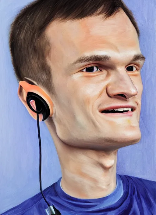 Image similar to vitalik buterin in headphones. vitalik buterin, medium shot, perfect symmetric face, coherent eyes, cute happy face, fine details., 4 k, hans zatska, oil paint