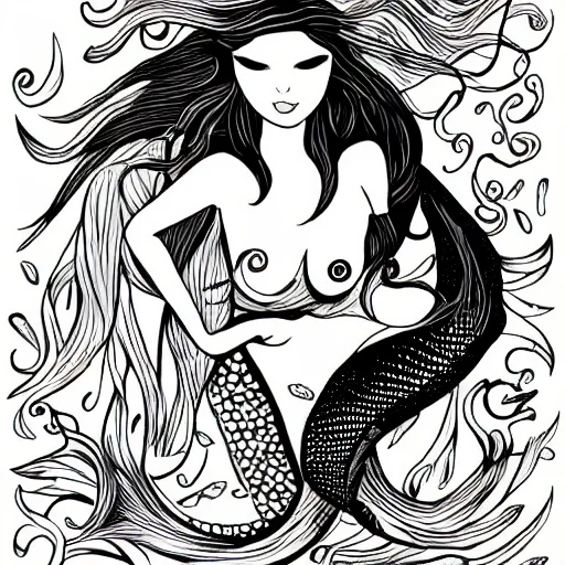 Image similar to black and white illustration, creative design, beautiful feminine mermaid in water with fishes