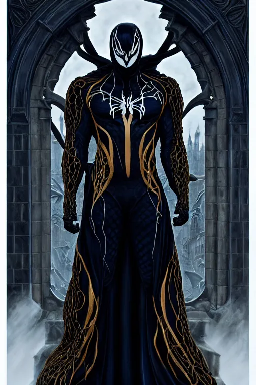 Prompt: venom eddie brock symbiote gothic navy cloak with gold details, castle town, fantasy character portrait, ultra realistic, intricate, elegant, highly detailed, digital painting, artstation, smooth, sharp, focus, illustration, art by artgerm and greg rutkowski and alphonse mucha