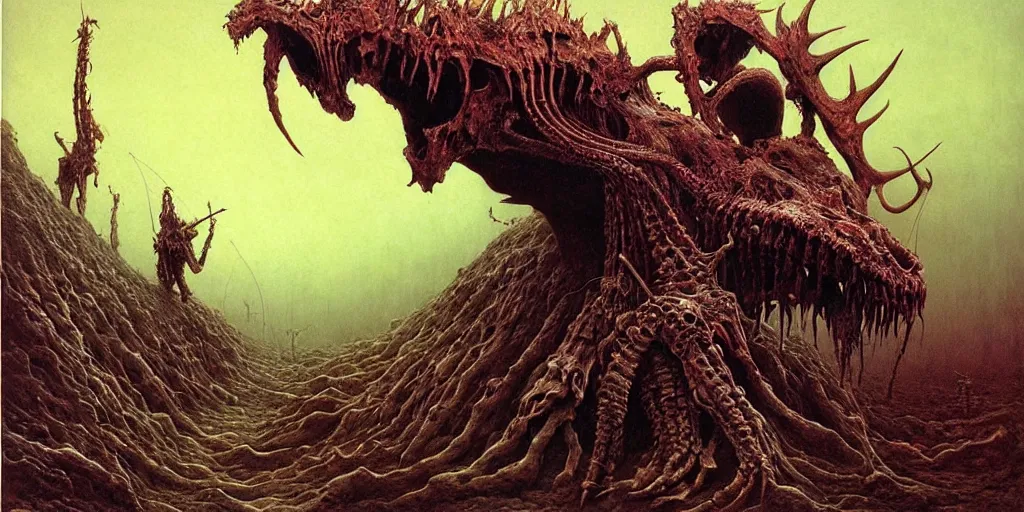 Image similar to scorpions!! crawling through the cavities of a ((large moose skull)), Zdzislaw Beksinski, Wayne Barlowe, gothic, cosmic horror, dystopian, biomorphic, lovecraftian, amazing details