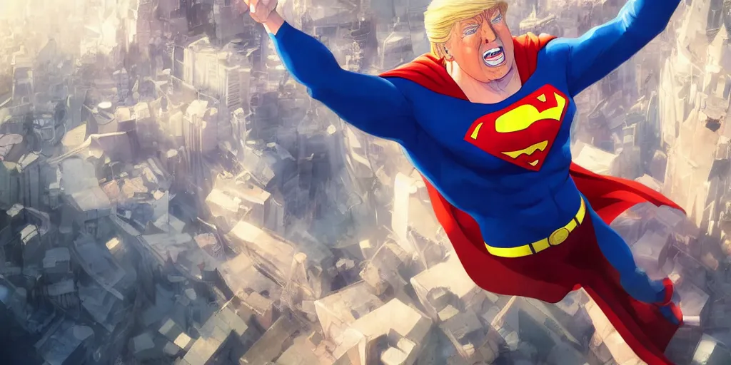Image similar to donald trump as superman, art by makoto shinkai, studio ghibli, greg rutkowski, wlop, highly detailed, anime key visual, 4 k, high quality, studio portrait