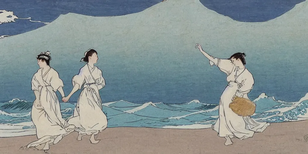 Image similar to two young edwardian women wearing white dresses hold hands on a beach in Sweden, in the style of Anders Zorn, waves in the style of the great wave off kanagawa by Hokusai