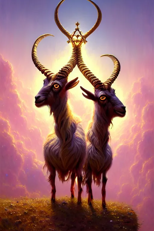 Prompt: highly detailed portrait of a three - headed goat wearing golden crown and pink tutu, stephen bliss, unreal engine, fantasy art by greg rutkowski, rhads, ferdinand knab, makoto shinkai and lois van baarle, ilya kuvshinov, rossdraws, tom bagshaw, global illumination, radiant light, red blue theme, meadow