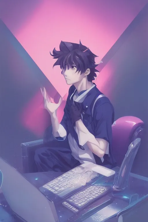 Image similar to portrait of an anime manga guy sitting behind a laptop screen, straight on portrait, by artgerm, james jean, tom bagshaw, gerald brom, vaporwave colors, lofi colors, vaporwave, lofi, goth vibe, 4 k, smooth, hd, substance designer render, full body character concept art, symmetrical,