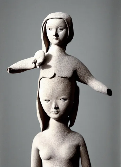 Image similar to realistic photo of a a ancient girl sculpture doll made of white clay, holding a pigeon, greyscale grain 1 9 6 0, life magazine photo, natural colors, metropolitan museum, kodak