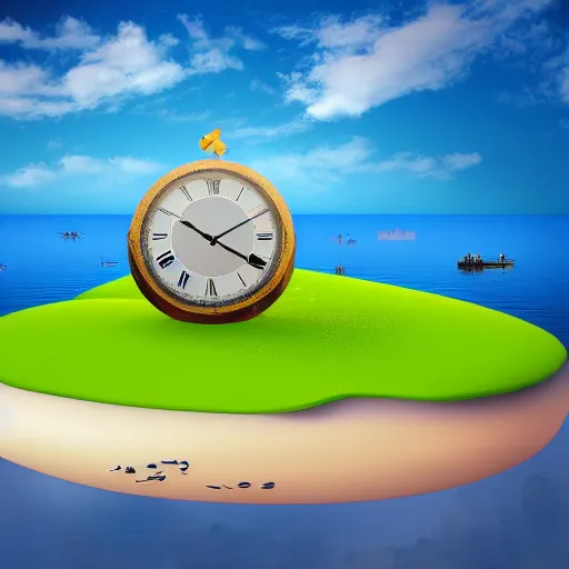 Image similar to a clock floating on an floating island, there are clouds around, it is on earth, on the background there are other floating islands too, cartoony, 4 k resolution, award winning