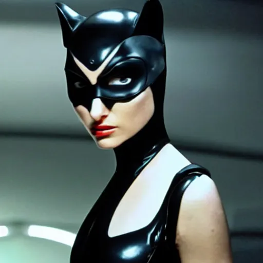 Image similar to stunning awe inspiring natalie portman playing catwoman, movie still 8 k hdr atmospheric lighting